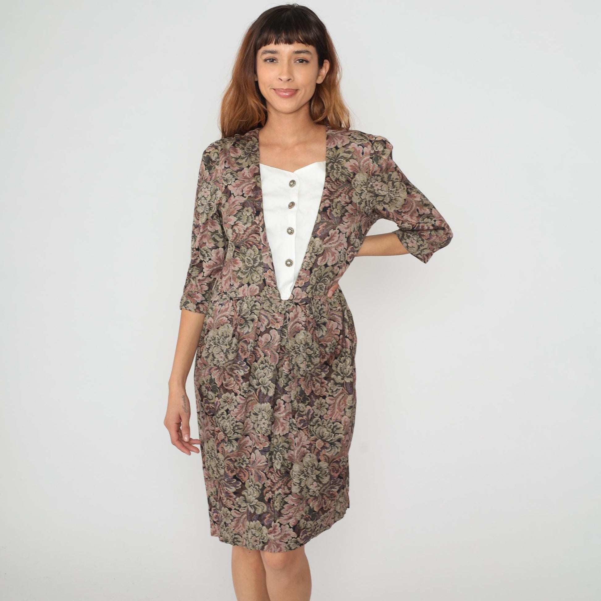 90s Peri Petites Floral Dress White Bib Front Button Gathered Waist Large