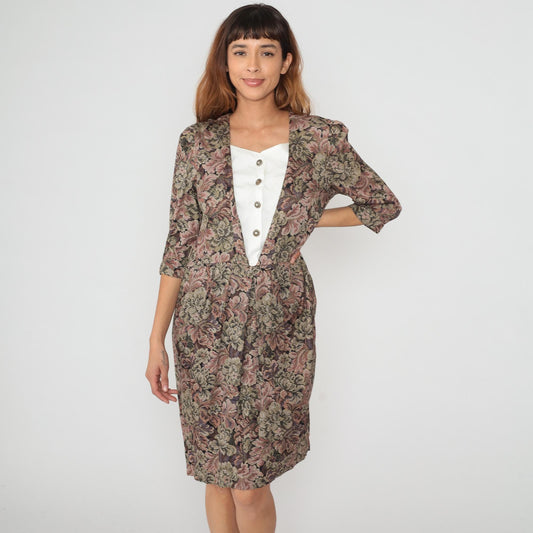 90s Peri Petites Floral Dress White Bib Front Button Gathered Waist Large