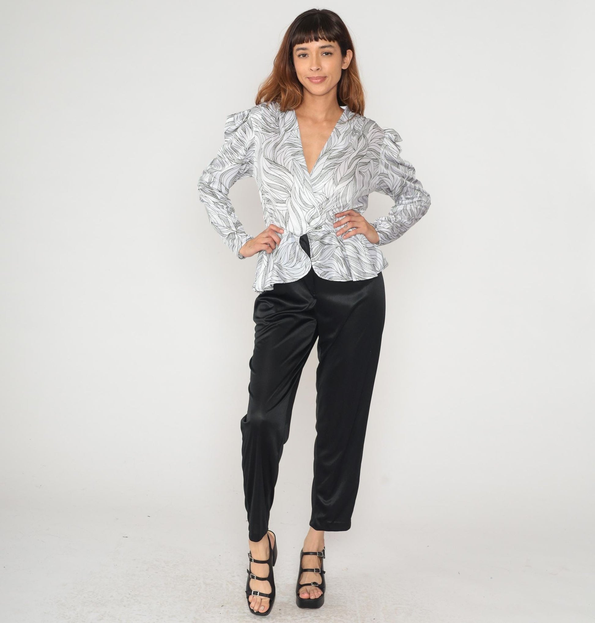 80s Wave Print Peplum Blouse Shoulder Pads V-Neck White Black Medium