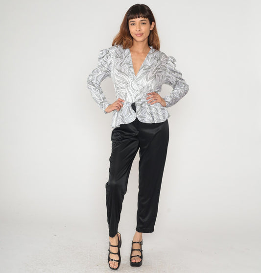 80s Wave Print Peplum Blouse Shoulder Pads V-Neck White Black Medium