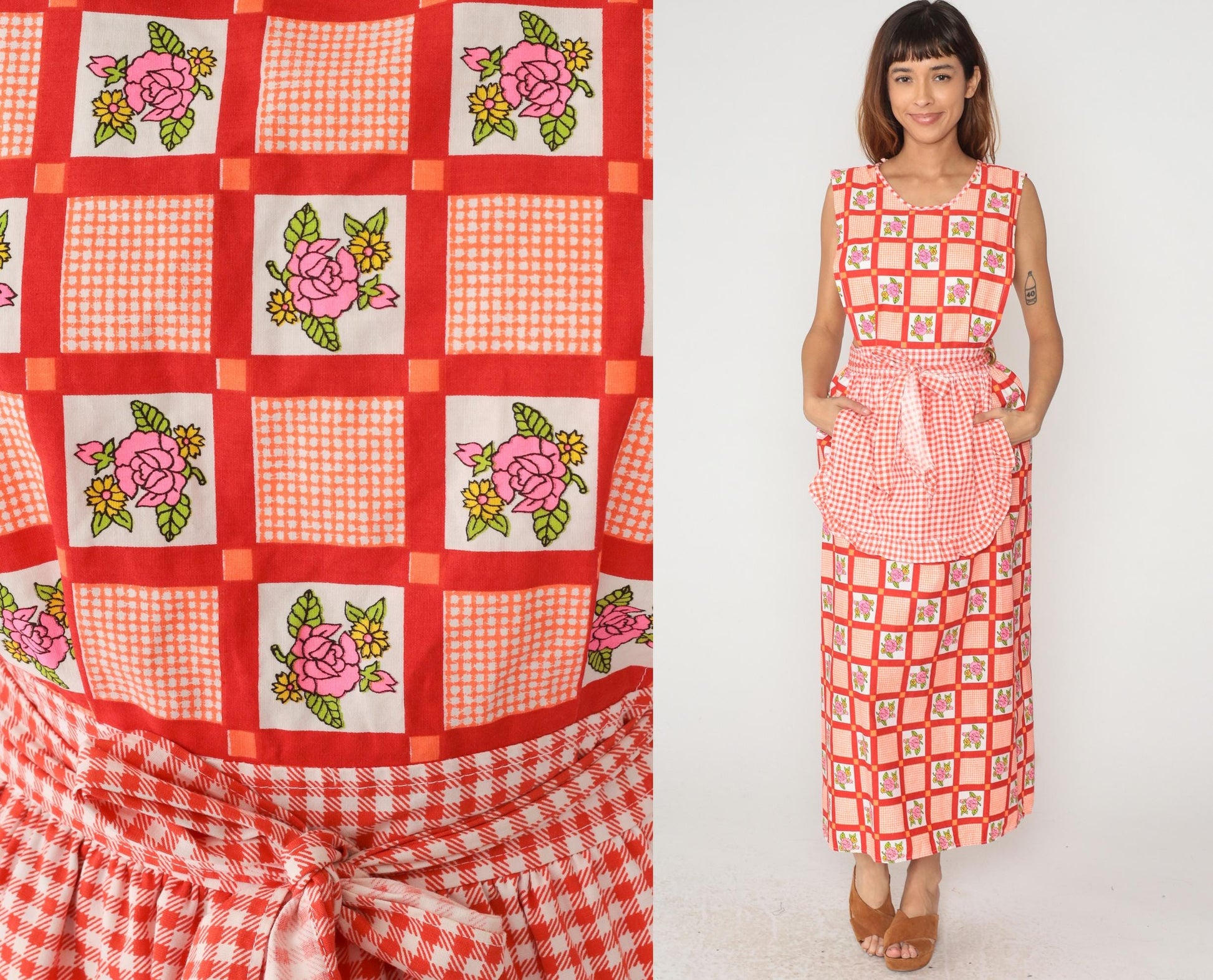 70s Design House Gingham Floral Maxi Dress Red White Pinafore Apron Small