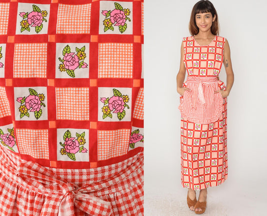 70s Design House Gingham Floral Maxi Dress Red White Pinafore Apron Small