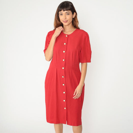 90s Caroline Wells Red Secretary Dress Pearl Buttons Short Sleeve Medium
