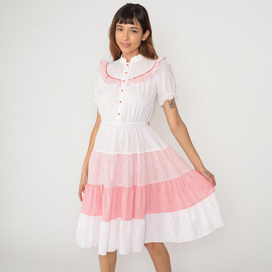 80s White Polka Dot Pink Striped Midi Dress Peter Pan Collar Puff Sleeve Medium