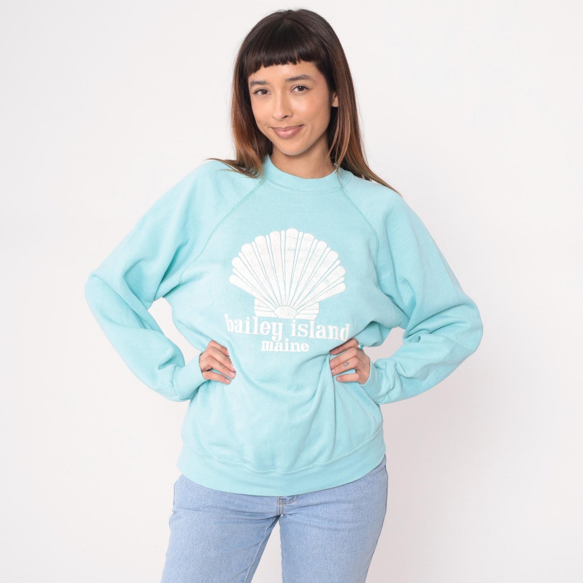 80s Tultex Bailey Island Maine Seashell Raglan Sweatshirt Light Blue Large