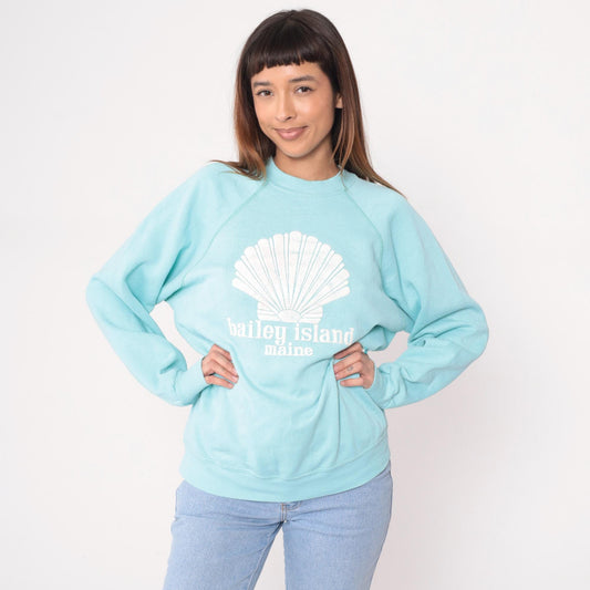 80s Tultex Bailey Island Maine Seashell Raglan Sweatshirt Light Blue Large