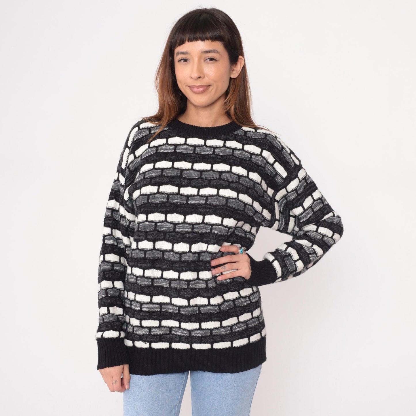 90s Checkpoint Geometric Knit Sweater Black White Grey Brick Pattern Large L