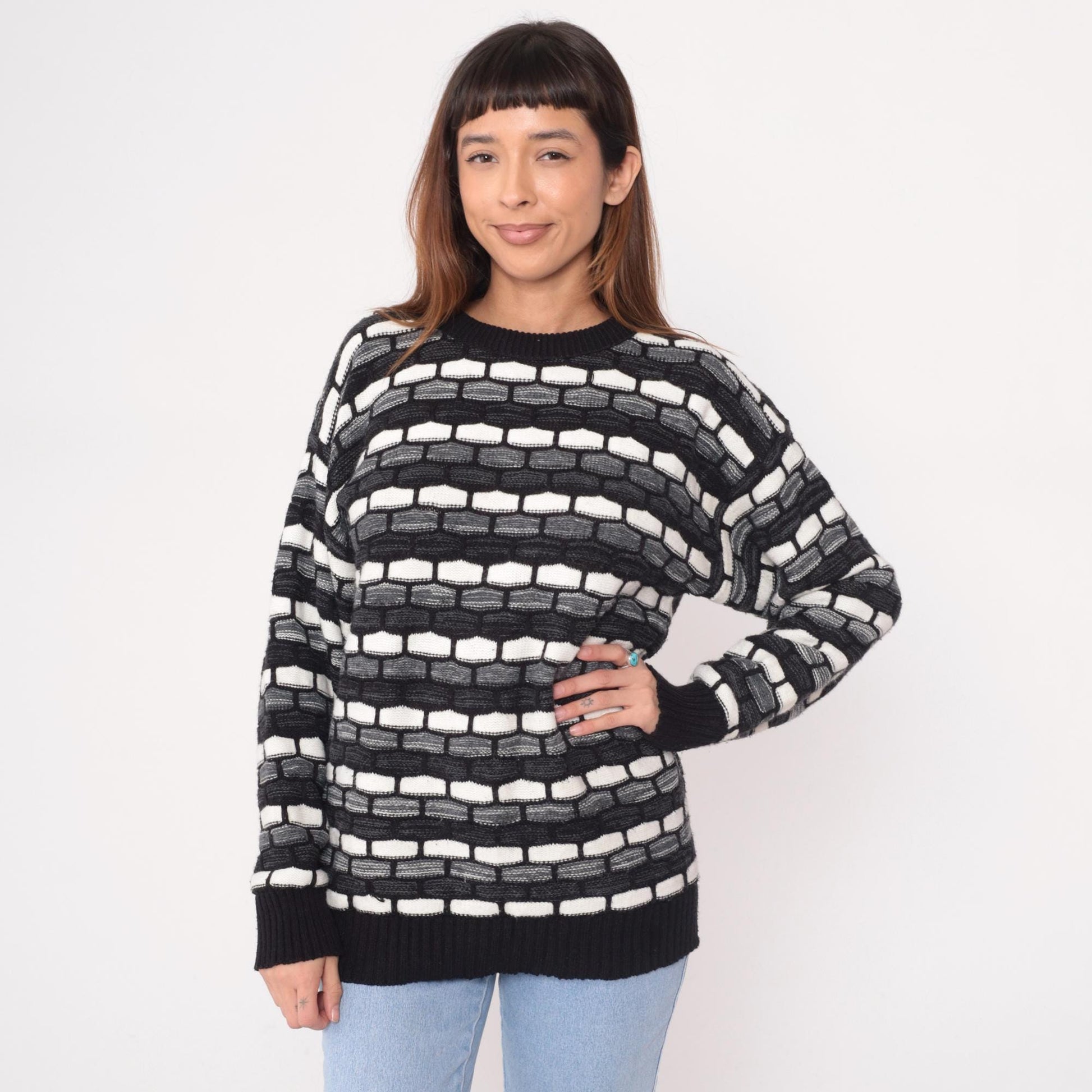 90s Checkpoint Geometric Knit Sweater Black White Grey Brick Pattern Large L