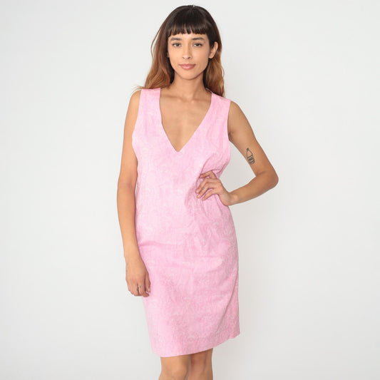 70s Pink Shift Dress Sleeveless V-Neck Mini Jacquard Small