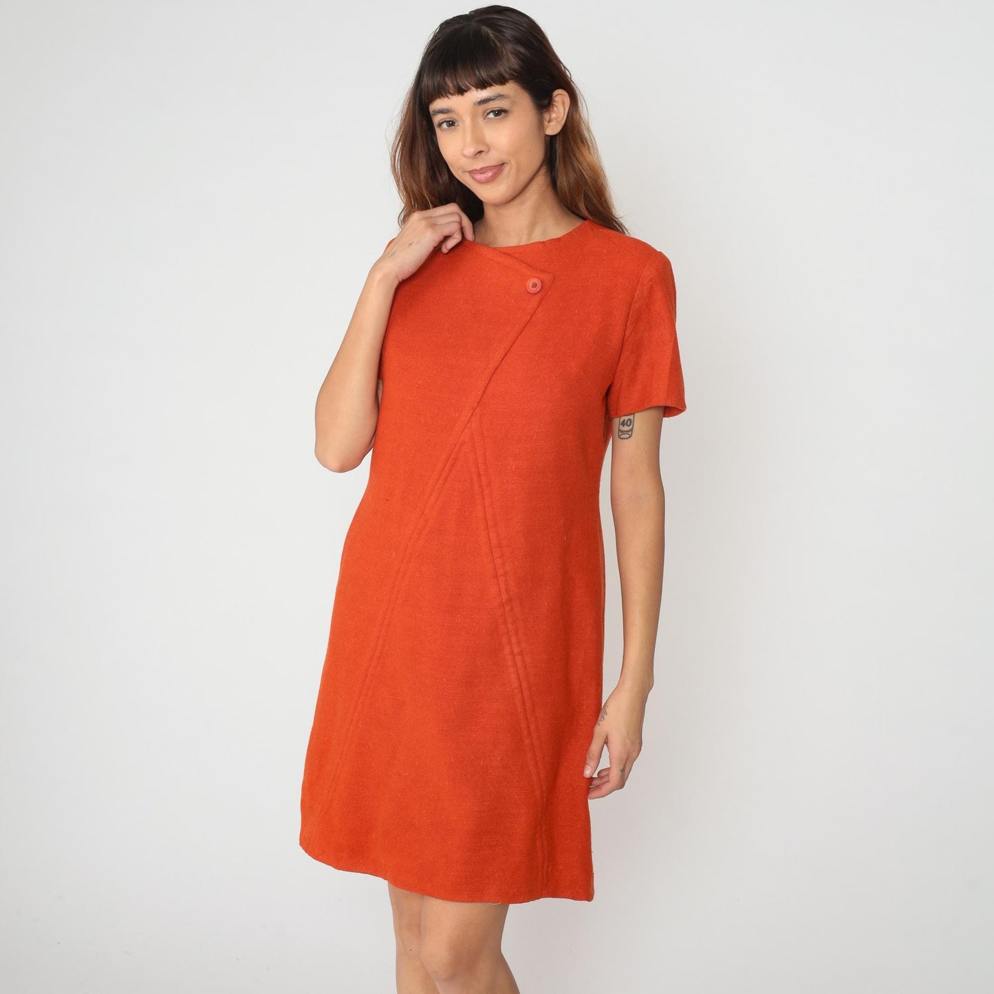 60s Orange Wool Mini Shift Dress Mod A-Line Short Sleeve Medium M