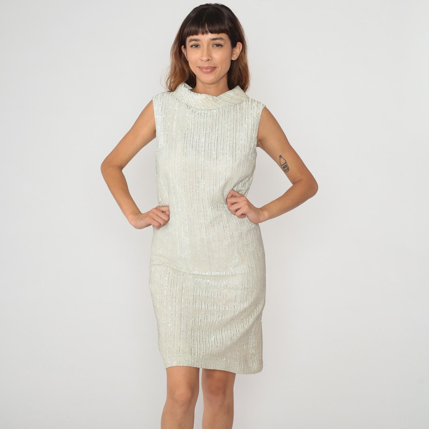 70s Fritzi of California Metallic Shift Dress Cream Collar Sleeveless Small