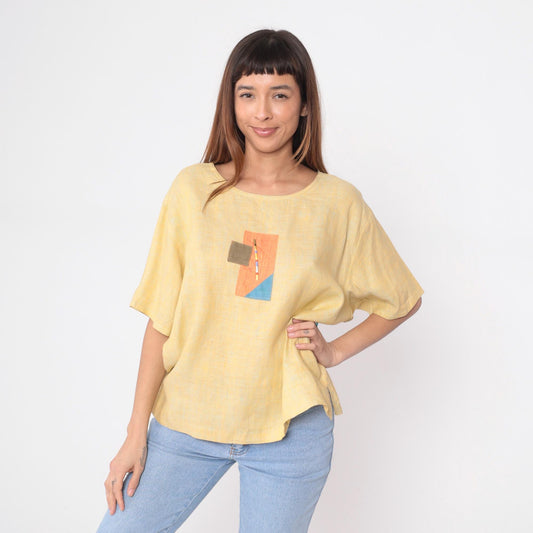 90s Nino Wong Yellow Linen Blouse Geometric Appliqué Short Sleeve Large L