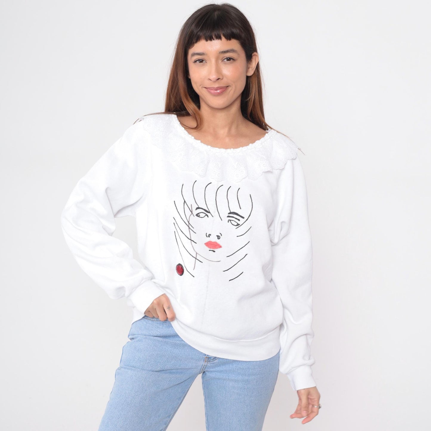 80s White Sweatshirt Embroidered Face Illustration Raglan Crew Neck Large L