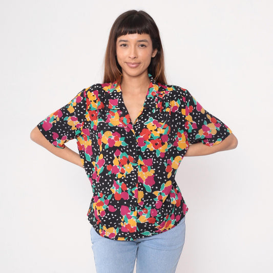 90s Impressions of California Black Floral Polka Dot Short Sleeve Blouse Large L