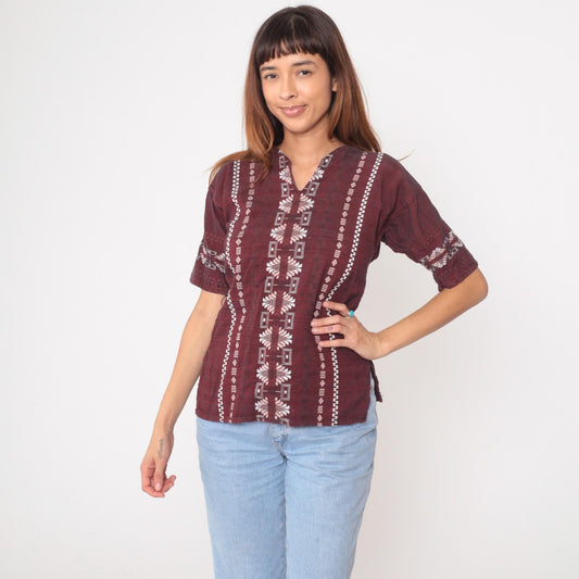 90s Burgundy Embroidered Cotton Blouse V-Neck Geometric Tribal Pattern Small