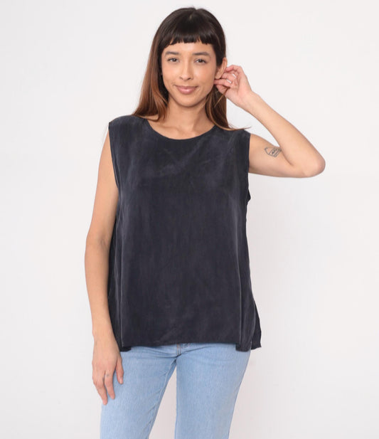 90s Black Rayon Tank Top Scoop Neck Sleeveless Camisole Large L