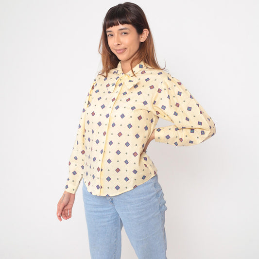 80s Pale Yellow Diamond Print Button-Up Blouse Purple Blue Geometric Medium