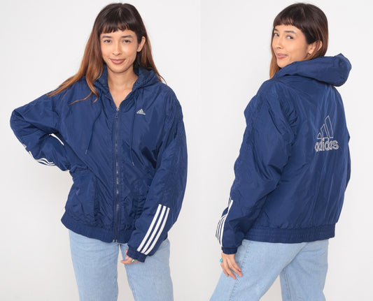80s Adidas Navy Hooded Windbreaker Full Zip Three Stripe Small
