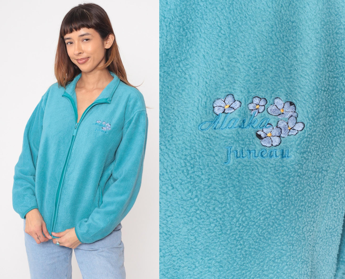 Y2K Turquoise Fleece Jacket Embroidered Floral Juneau Alaska Small