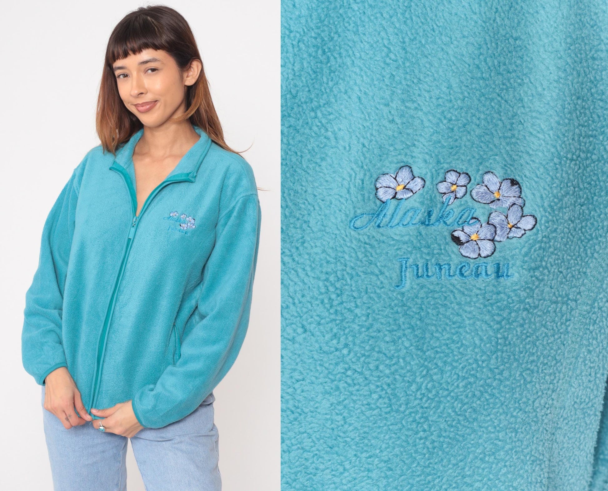 Y2K Turquoise Fleece Jacket Embroidered Floral Juneau Alaska Small