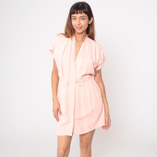 80s Michael B LTD Petites Pink Wrap Romper V-Neck Shawl Collar Small