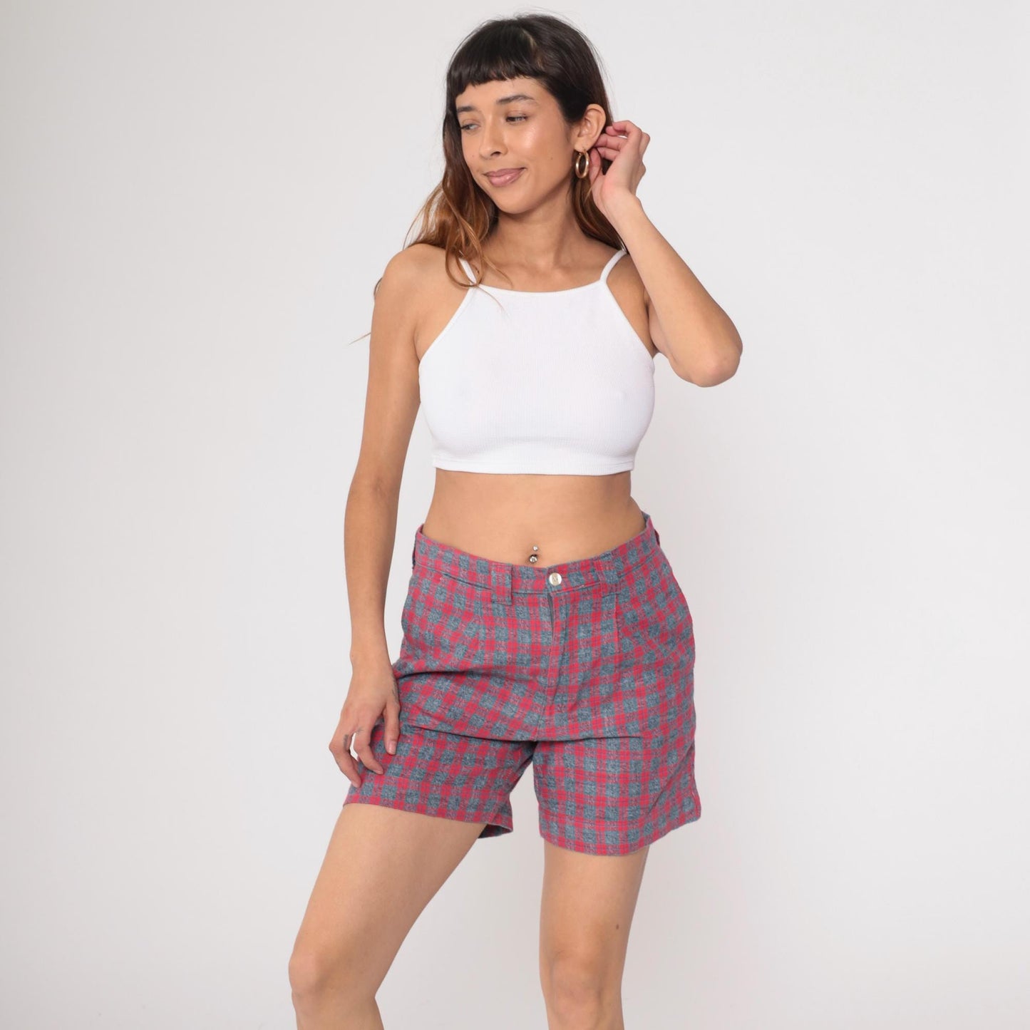80s Pazzo Plaid High-Waisted Shorts Red Blue Button Front Medium