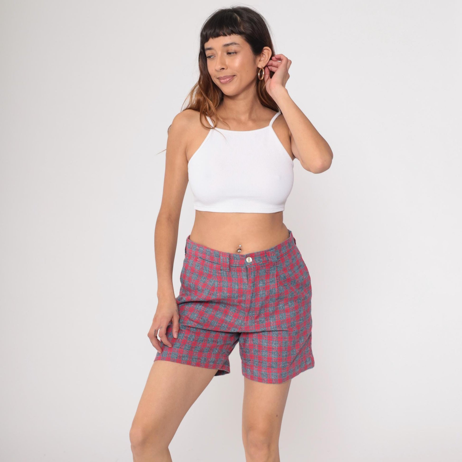 80s Pazzo Plaid High-Waisted Shorts Red Blue Button Front Medium