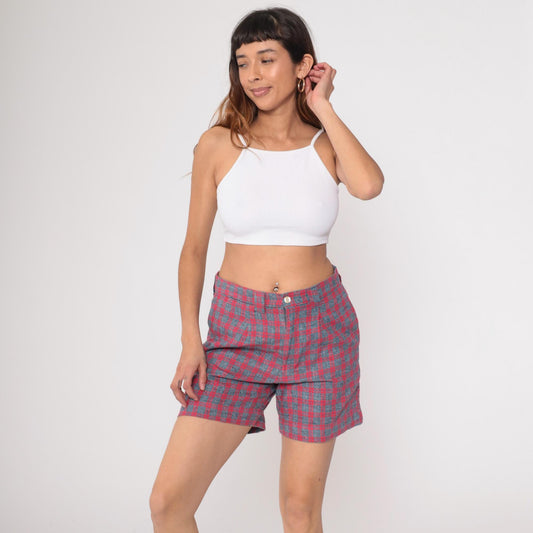 80s Pazzo Plaid High-Waisted Shorts Red Blue Button Front Medium