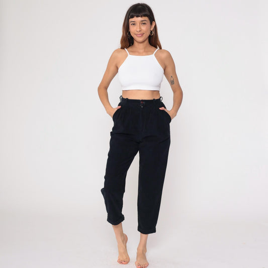 80s Michael Tracy Black Cotton High-Waisted Tapered Pants Small
