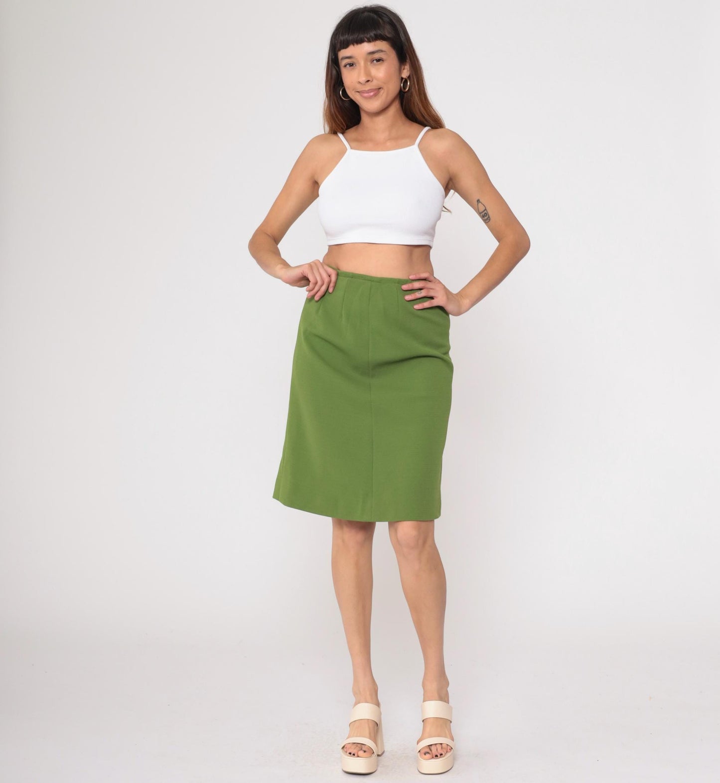 70s Olive Green A-Line Skirt Knee Length Back Zip Small S