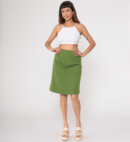 70s Olive Green A-Line Skirt Knee Length Back Zip Small S