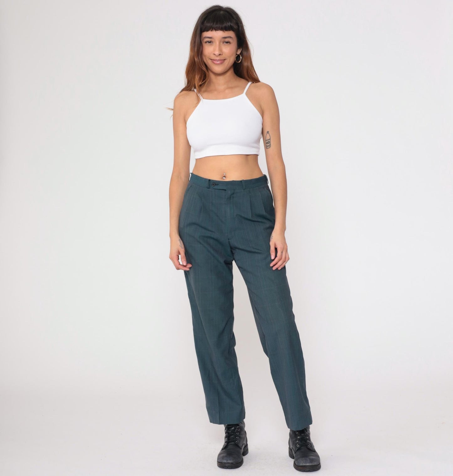 80s Dark Teal Plaid High Waist Straight Leg Trousers Pleated Large
