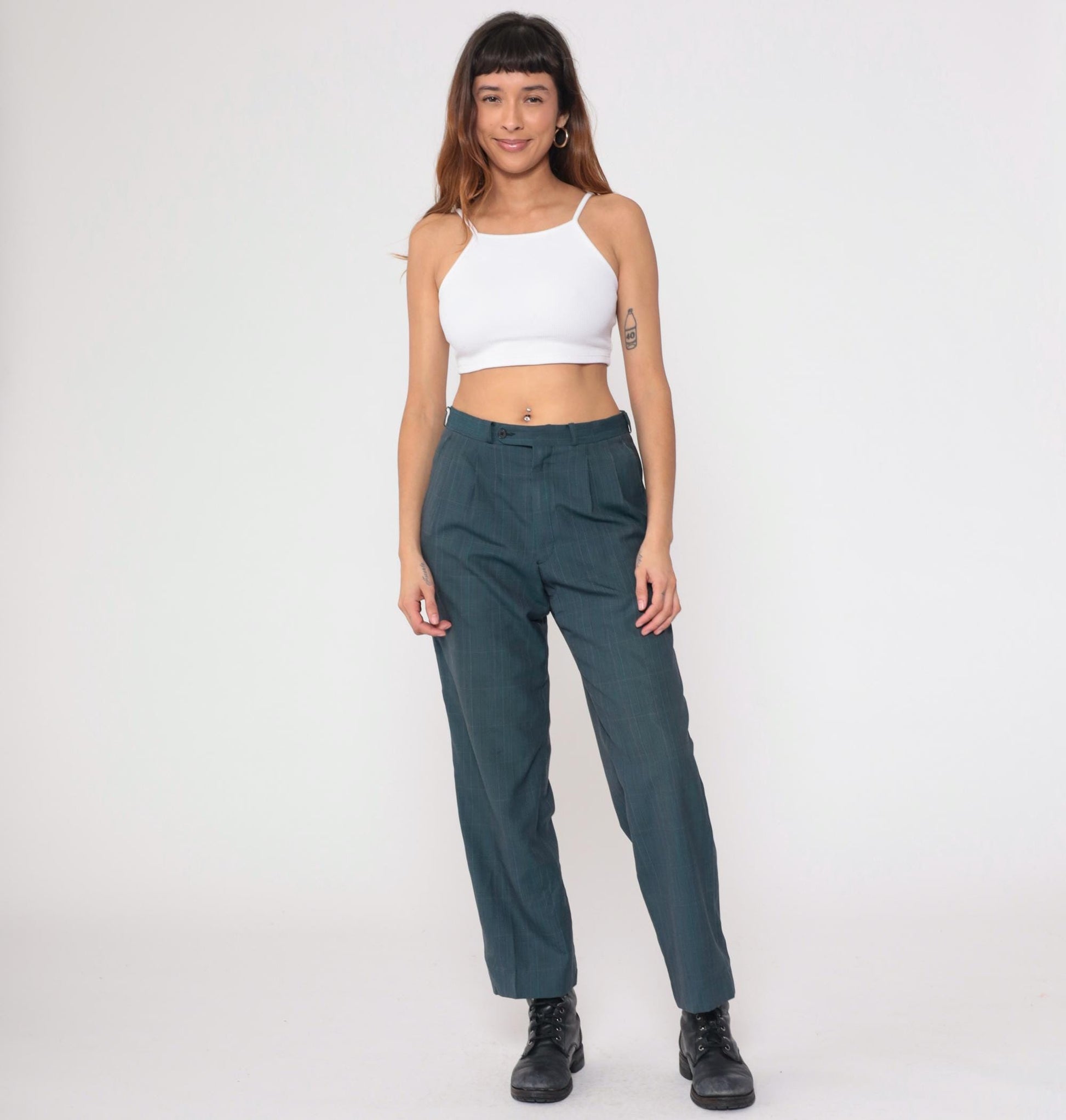 80s Dark Teal Plaid High Waist Straight Leg Trousers Pleated Large