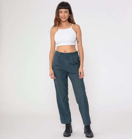80s Dark Teal Plaid High Waist Straight Leg Trousers Pleated Large