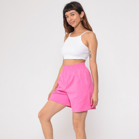 90s Hot Pink Cotton Shorts High Rise Bermuda Elastic Waist Medium