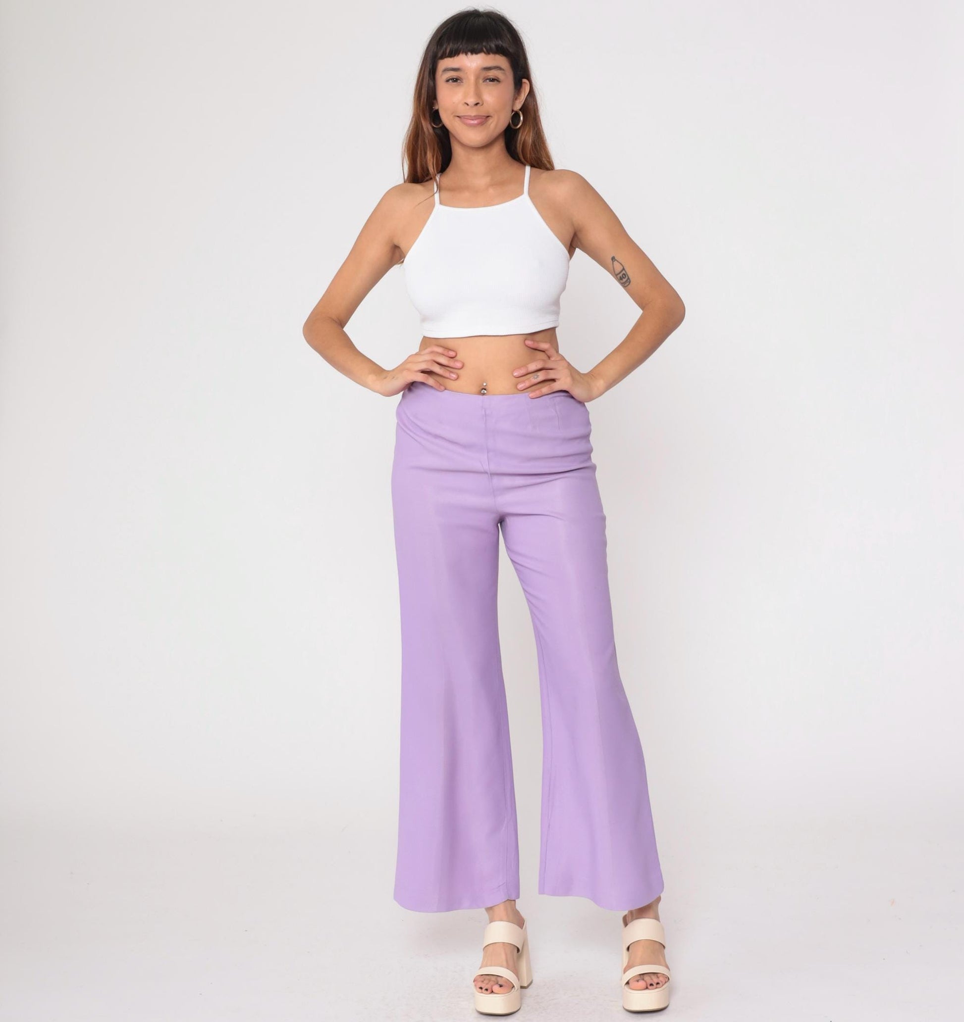 1970s Lavender High-Waisted Wide-Leg Flared Trousers Small