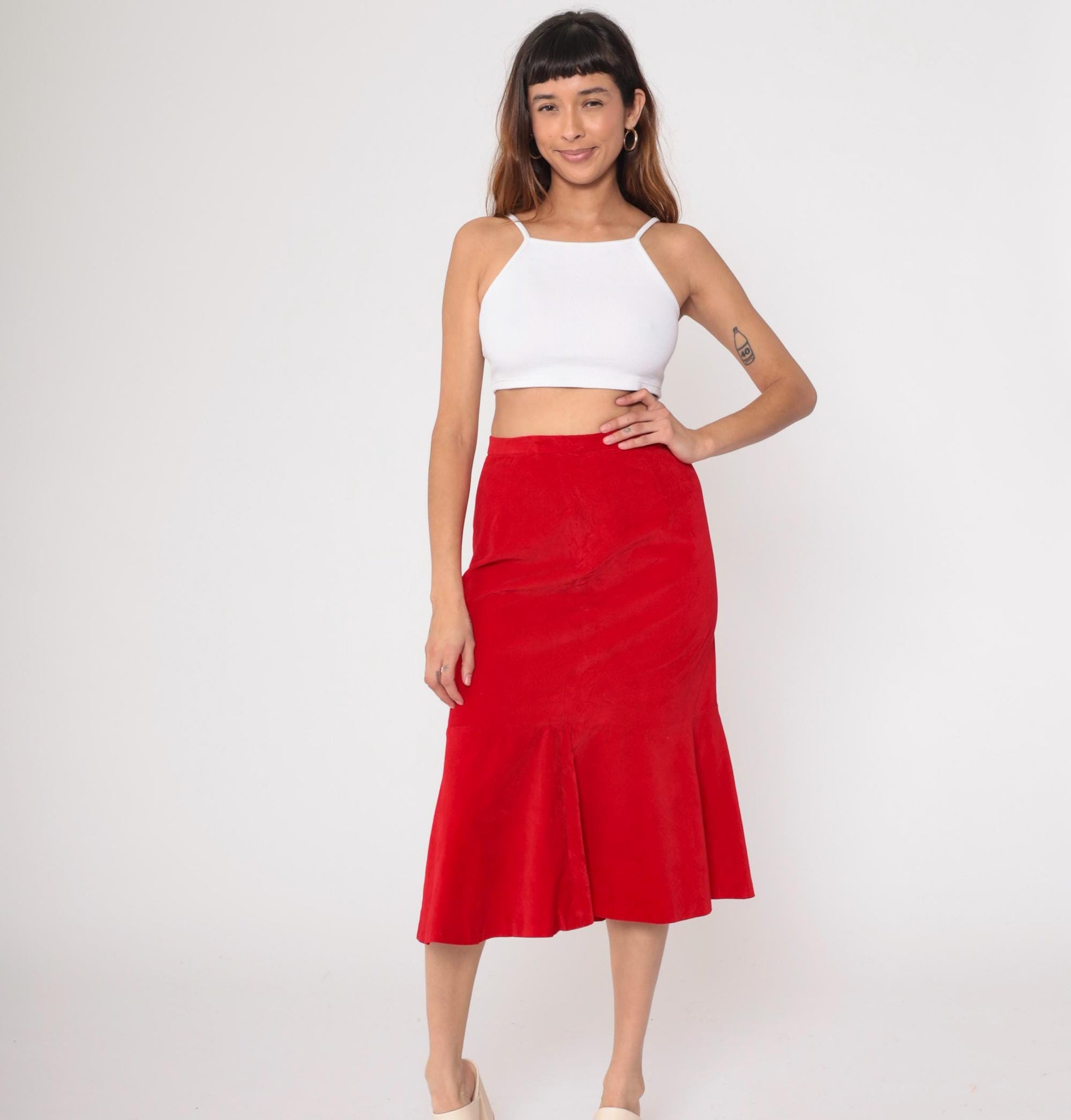 70s Red Velvet Midi Skirt Bucaretti High Waisted Trumpet Flare Small