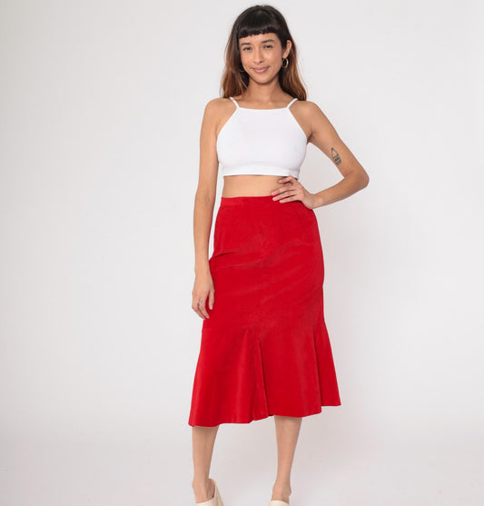 70s Red Velvet Midi Skirt Bucaretti High Waisted Trumpet Flare Small