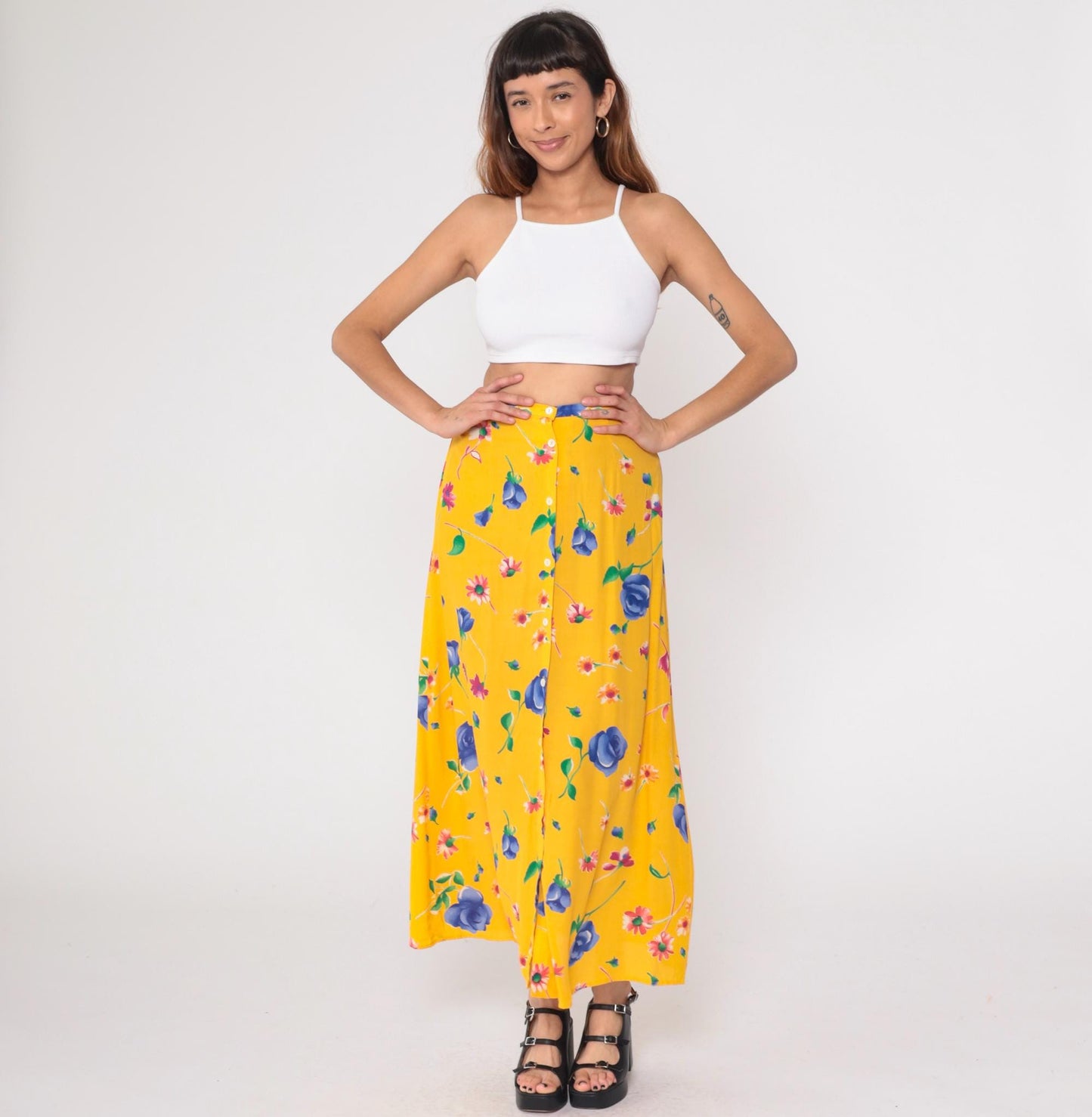 90s Breeches Yellow Floral Maxi Skirt Button Front Small
