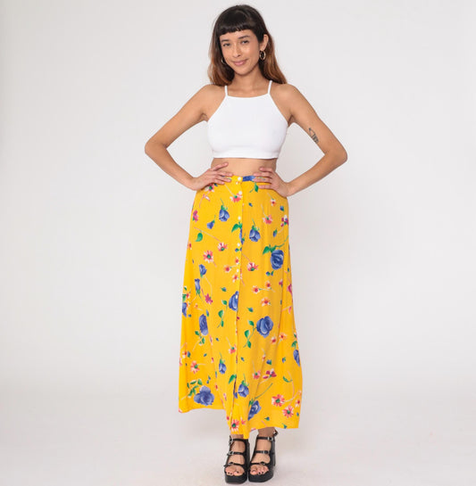 90s Breeches Yellow Floral Maxi Skirt Button Front Small