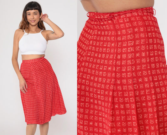 80s Red A-Line Mini Skirt Chinese Character Print High Waist Extra Small