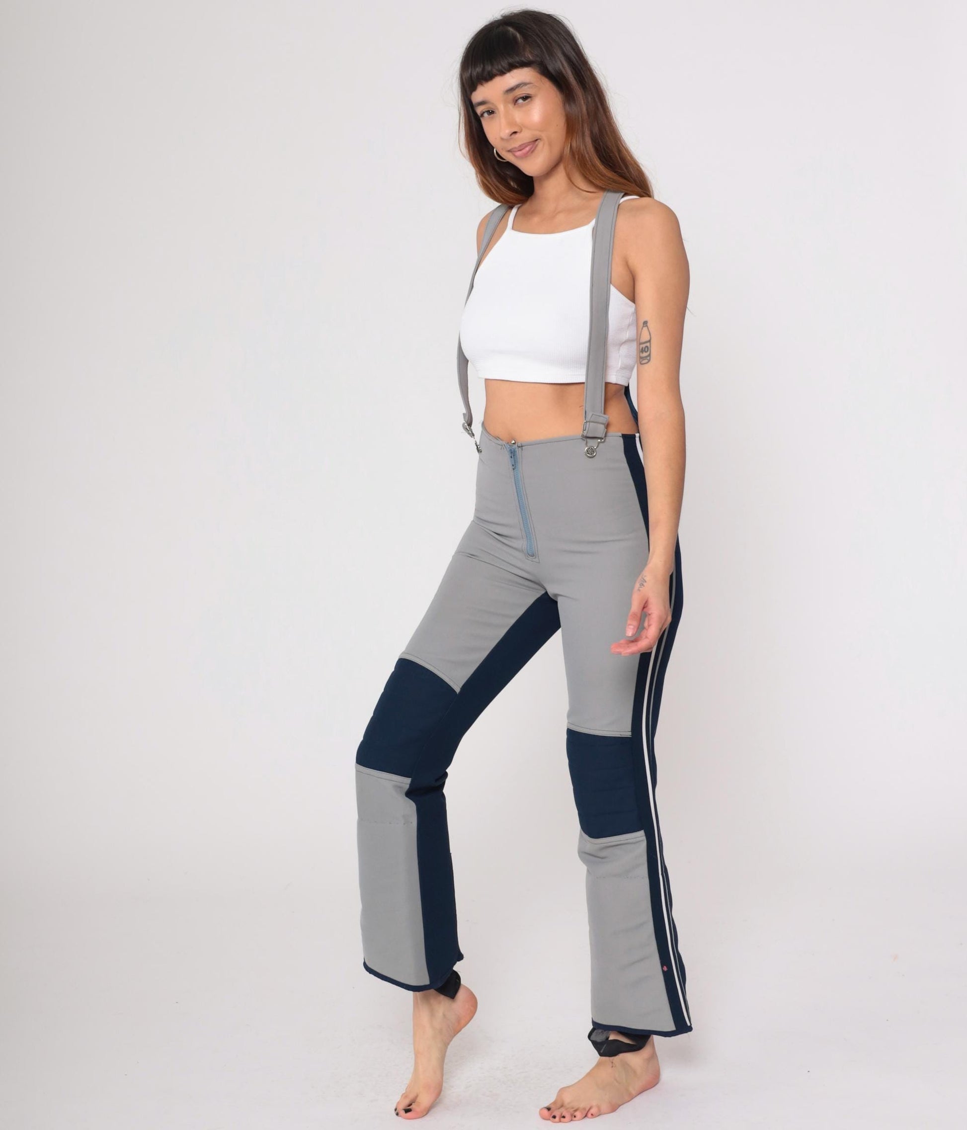 70s Obermeyer Wool Ski Bib Pants Gray Navy Colorblock High Waisted Medium