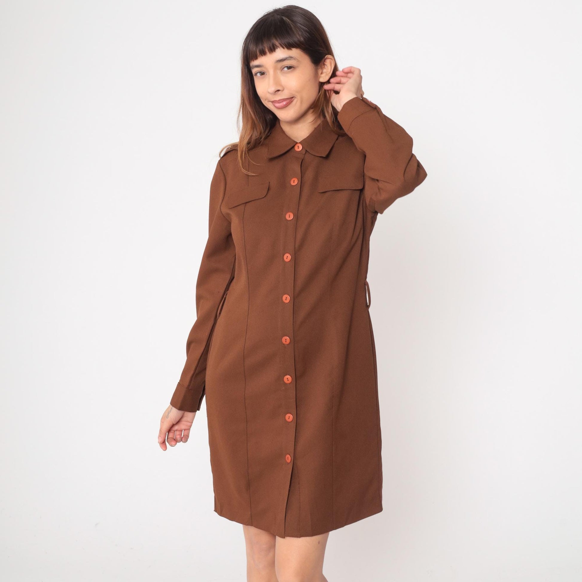 80s JRT Brown Shirt Dress Knee Length Collar Pockets Medium