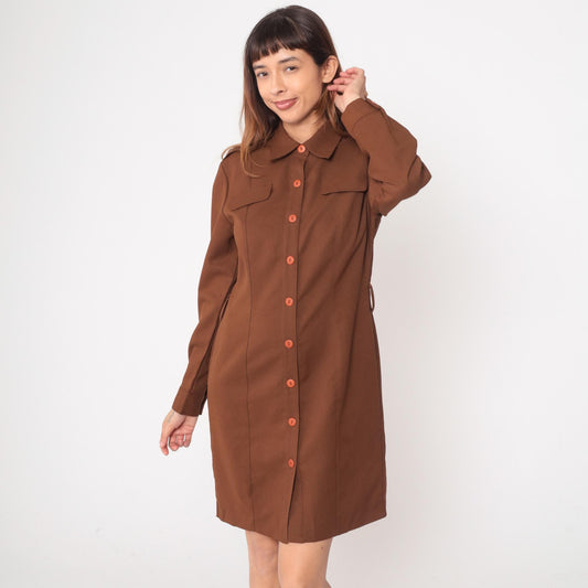 80s JRT Brown Shirt Dress Knee Length Collar Pockets Medium