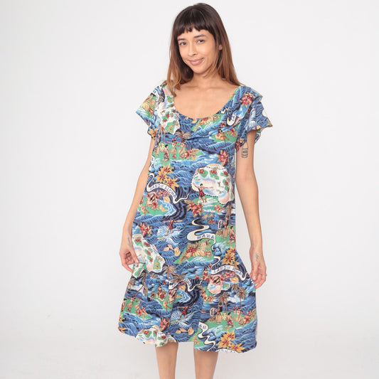 Y2K Hilo Hattie Hawaiian Midi Dress Blue Ocean Wave Print Small