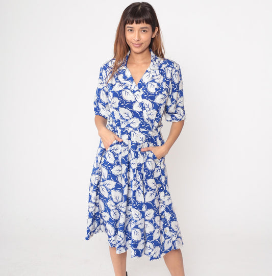 80s Darian Blue White Floral Midi Wrap Dress Collared V-Neck Medium