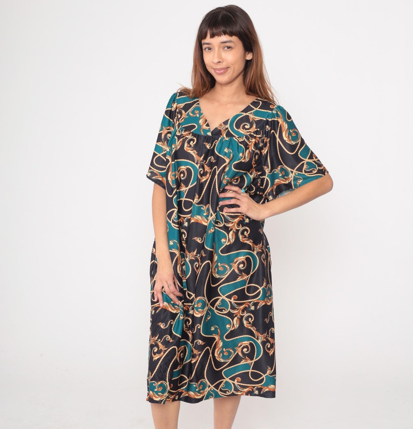 Y2K Anthony Richards Paisley Scroll Dress Teal Black Kimono Sleeve Plus Size XXL