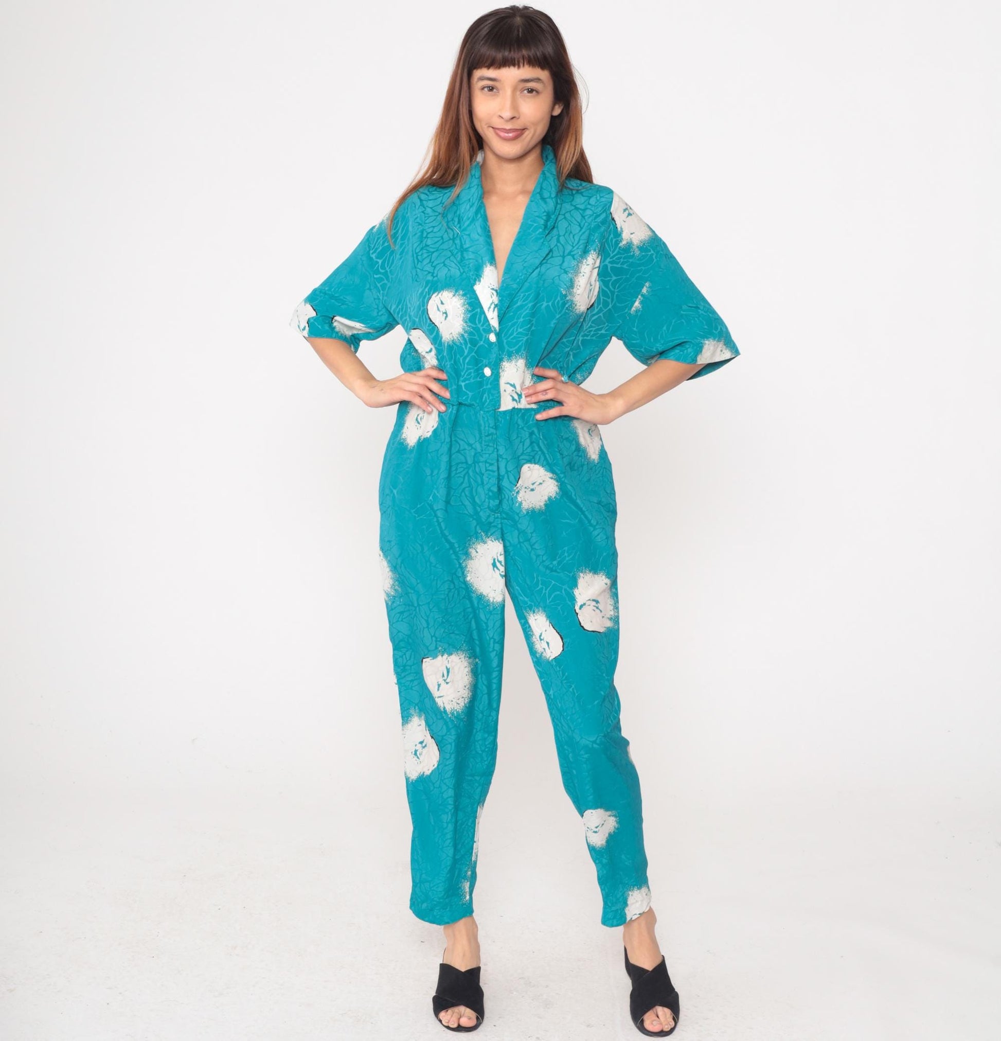 80s Turquoise Jumpsuit Floral Print Button Front Notched Collar Medium M