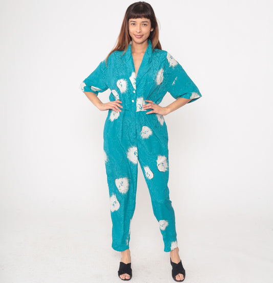 80s Turquoise Jumpsuit Floral Print Button Front Notched Collar Medium M