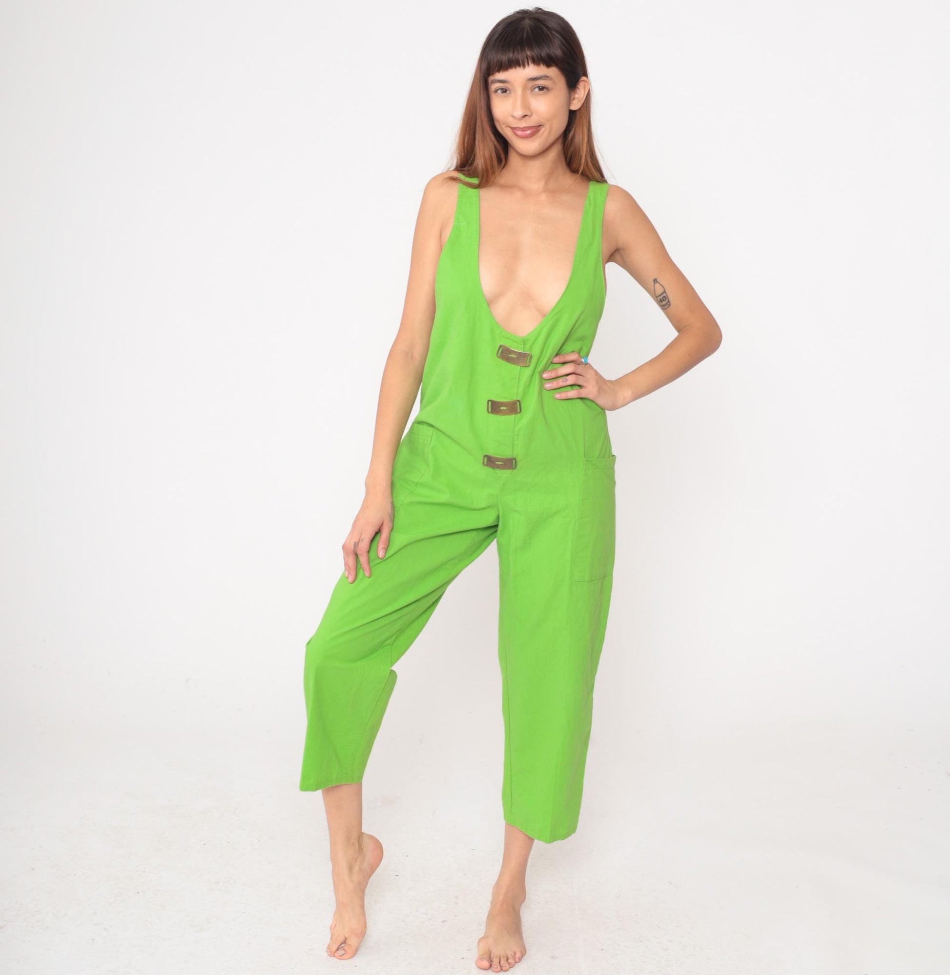 80s Ginger Neon Green Jumpsuit Deep V Sleeveless Cotton Cropped Medium M